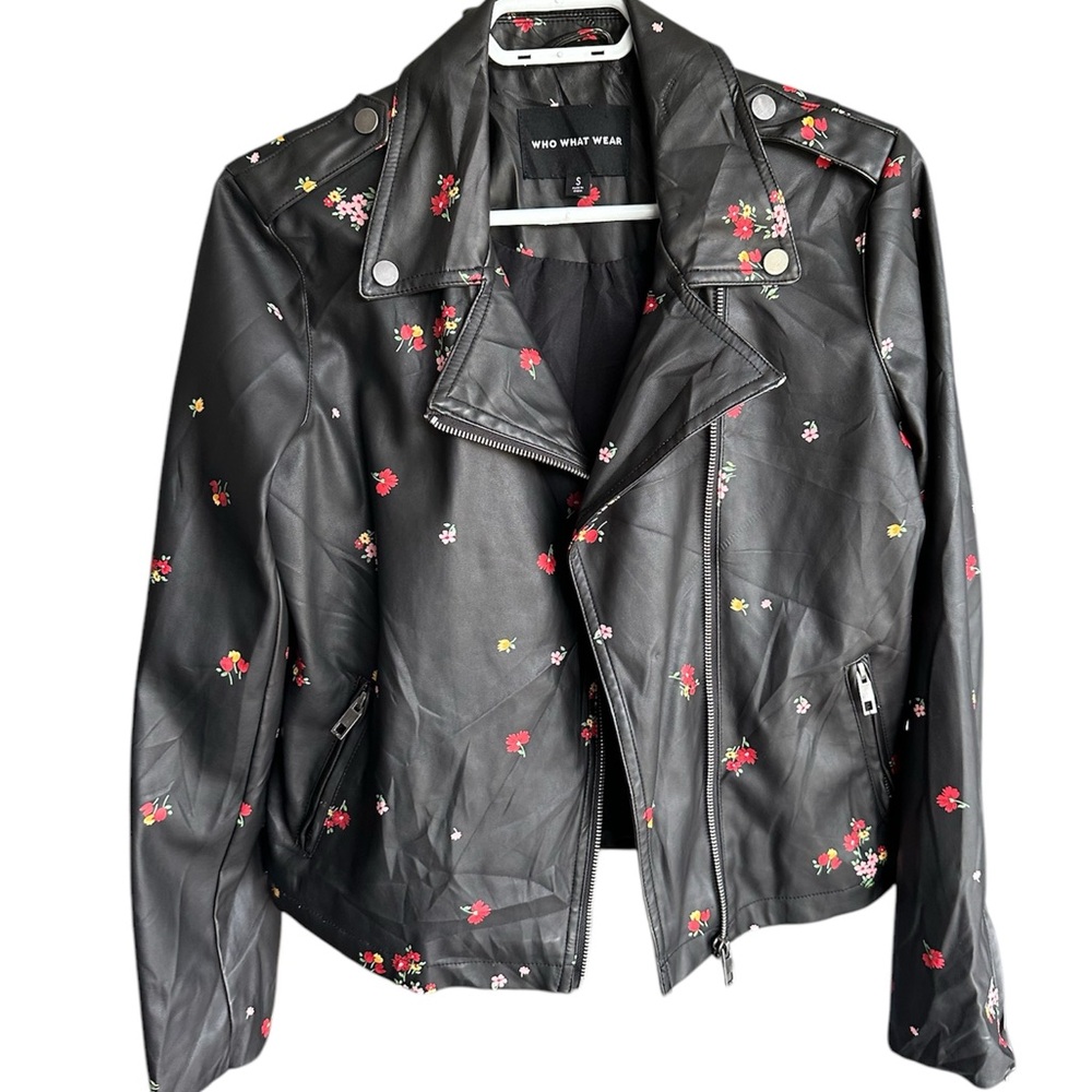 Black Faux Leather Jacket with Floral Details